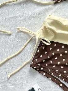SHEIN Swim Brown Polka Dot Contrast Color Triangle Halter Top High Waisted Tankini Bottoms Beach Party - Multicolor - View 7