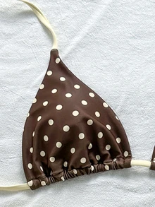 SHEIN Swim Brown Polka Dot Contrast Color Triangle Halter Top High Waisted Tankini Bottoms Beach Party - Multicolor - View 5