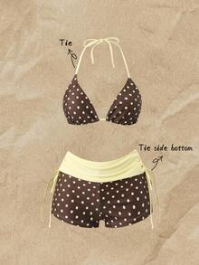 SHEIN Swim Brown Polka Dot Contrast Color Triangle Halter Top High Waisted Tankini Bottoms Beach Party - Multicolor - View 1