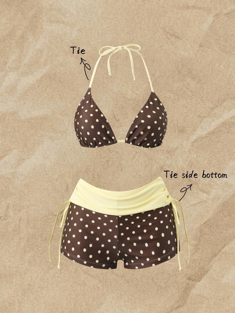 SHEIN Swim Brown Polka Dot Contrast Color Triangle Halter Top High Waisted Tankini Bottoms Beach Party - Multicolor - View 1