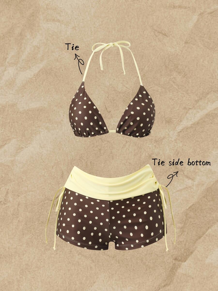 SHEIN Swim Brown Polka Dot Contrast Color Triangle Halter Top High Waisted Tankini Bottoms Beach Party - Multicolor - View 1
