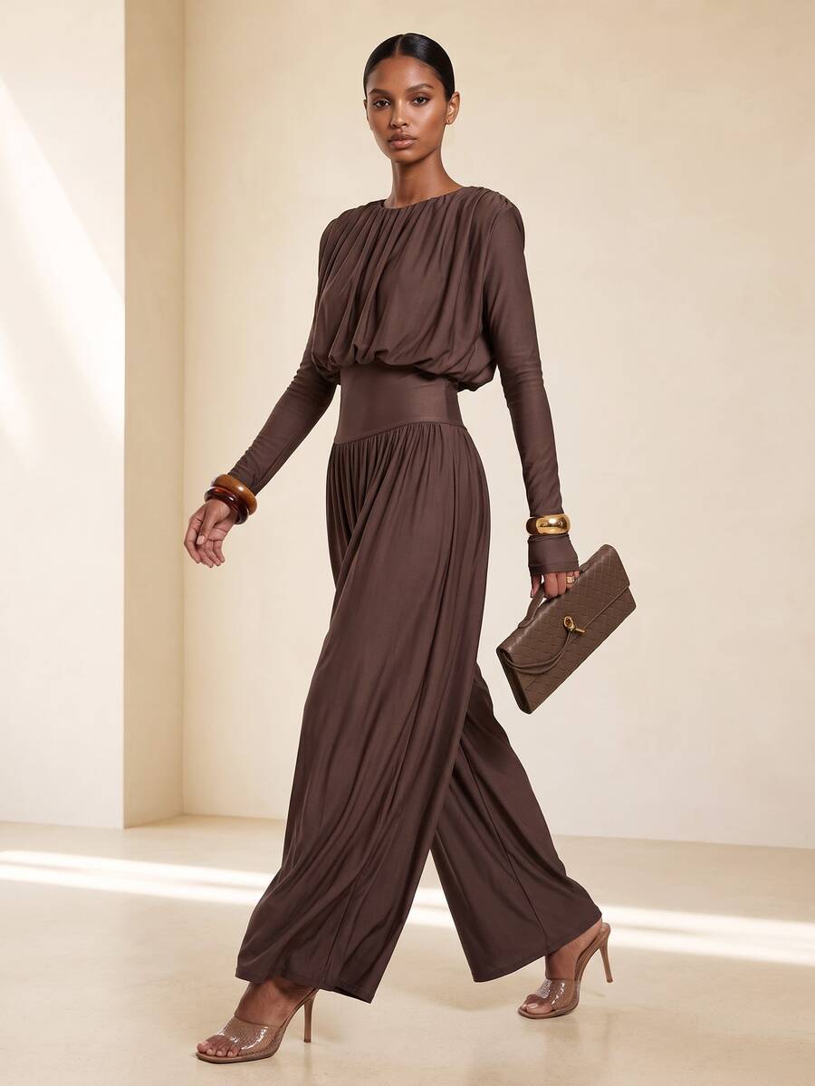 Vesra Elegant Commute Dinner Cocktail Solid Color Waist-Cinching Jumpsuit Coffee Brown Fall - Coffee Brown - View 1