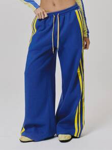MUSERA Contrast Colour Stripe Loose Fit Baggy Jogger Cute Daily Vintage Y2K Back To School Primary - Blue - View 2
