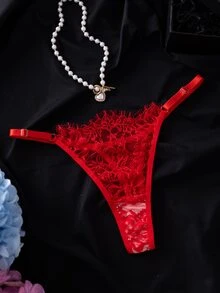 SHEIN 2pcs Lace Underwire Sheer Sexy Nightgown - Red - View 5