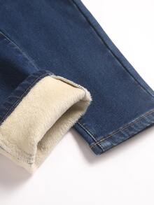 SHEIN Teen Boys Autumn/Winter Deep Blue Denim Fleece Lined Stretch Skinny Long Pants - Blue - View 5