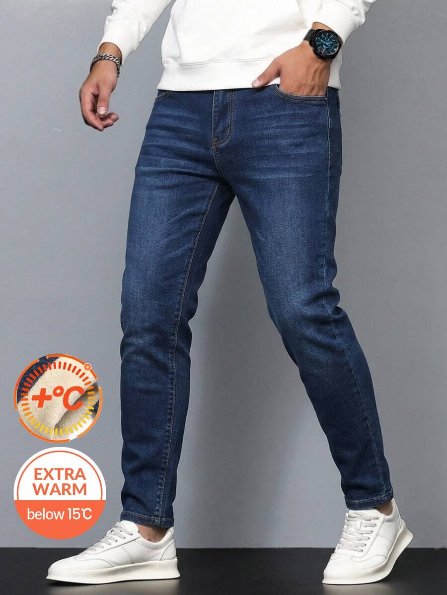 SHEIN Teen Boys Autumn/Winter Deep Blue Denim Fleece Lined Stretch Skinny Long Pants - Blue - View 1
