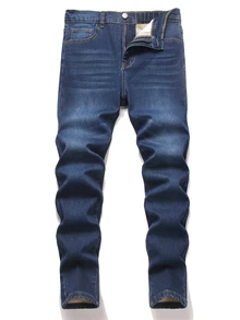 SHEIN Teen Boys Autumn/Winter Deep Blue Denim Fleece Lined Stretch Skinny Long Pants - Blue - View 7