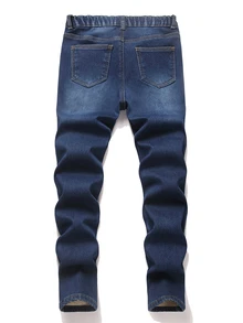 SHEIN Teen Boys Autumn/Winter Deep Blue Denim Fleece Lined Stretch Skinny Long Pants - Blue - View 2