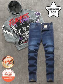 SHEIN Teen Boys Autumn/Winter Deep Blue Denim Fleece Lined Stretch Skinny Long Pants - Blue - View 8