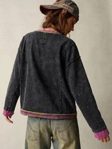 Bohemela Casual Retro Streetwear Knit Patchwork Everyday Loose Washed Women's Sweatshirt Work Night Out Holiday Dark Purple Autumn - Multicolor - View 7