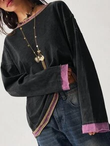 Bohemela Casual Retro Streetwear Knit Patchwork Everyday Loose Washed Women's Sweatshirt Work Night Out Holiday Dark Purple Autumn - Multicolor - View 1