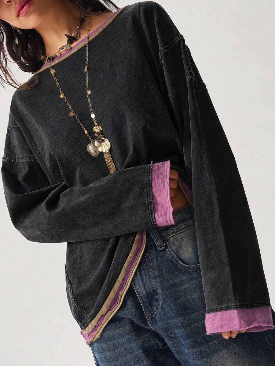 Bohemela Casual Retro Streetwear Knit Patchwork Everyday Loose Washed Women's Sweatshirt Work Night Out Holiday Dark Purple Autumn - Multicolor - View 1
