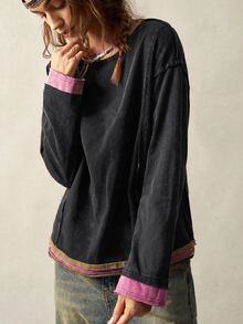 Bohemela Casual Retro Streetwear Knit Patchwork Everyday Loose Washed Women's Sweatshirt Work Night Out Holiday Dark Purple Autumn - Multicolor - View 9