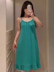 DAZY 花卉印花無袖長版陽光裙，附荷葉邊，適合夏季穿著，也可作為女款睡裙 - 藍色 - 查看 3