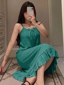 DAZY 花卉印花無袖長版陽光裙，附荷葉邊，適合夏季穿著，也可作為女款睡裙 - 藍色 - 查看 1