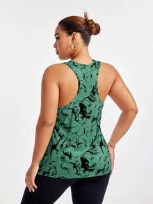 Easithlete Sports Sleeveless Round Neck Ink Wash Print Asymmetrical Hem Tank Top - Green - View 2