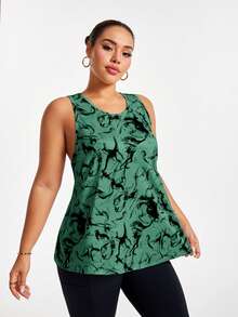 Easithlete Sports Sleeveless Round Neck Ink Wash Print Asymmetrical Hem Tank Top - Green - View 4