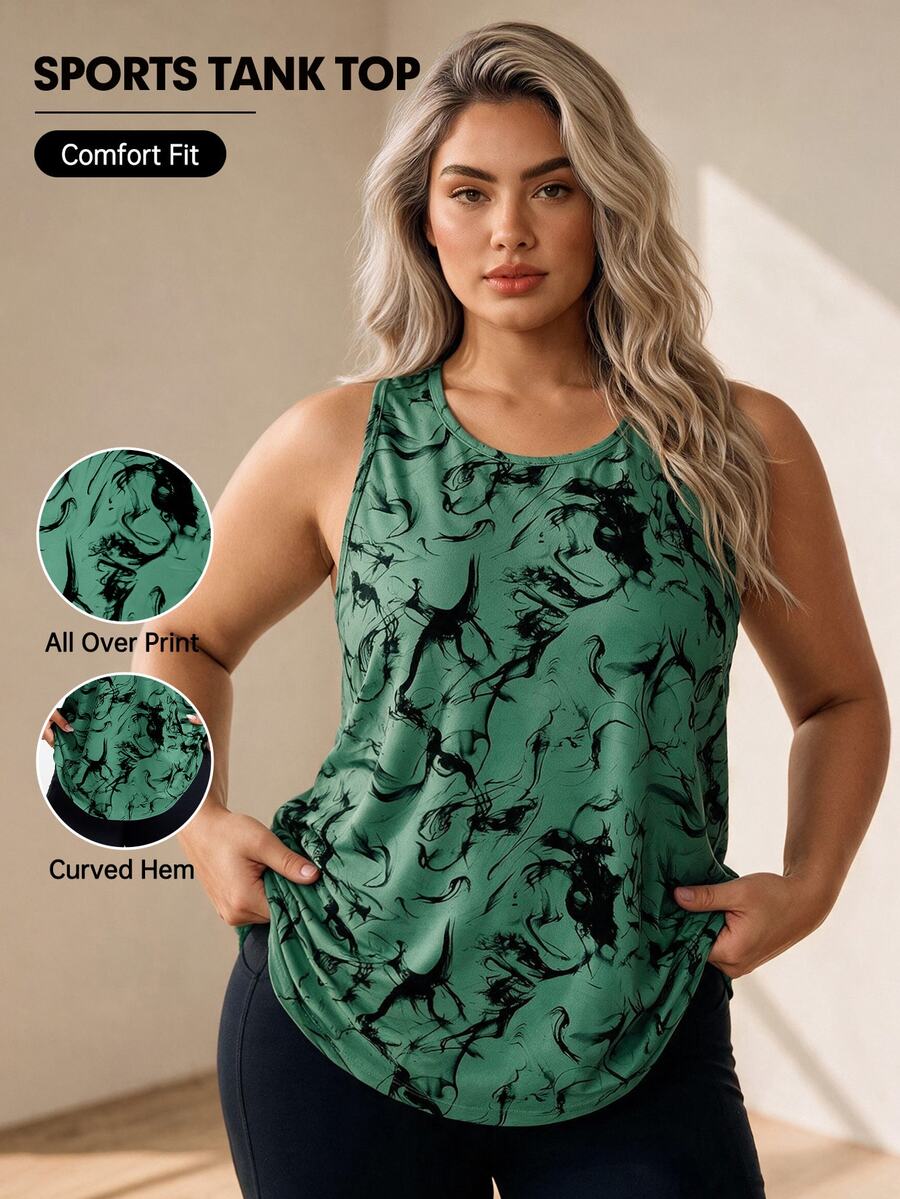 Easithlete Sports Sleeveless Round Neck Ink Wash Print Asymmetrical Hem Tank Top - Green - View 1