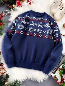Manfinity CasualKnits 男士聖誕新年提花百搭長袖毛衣 - 藏蓝色 - 查看 1