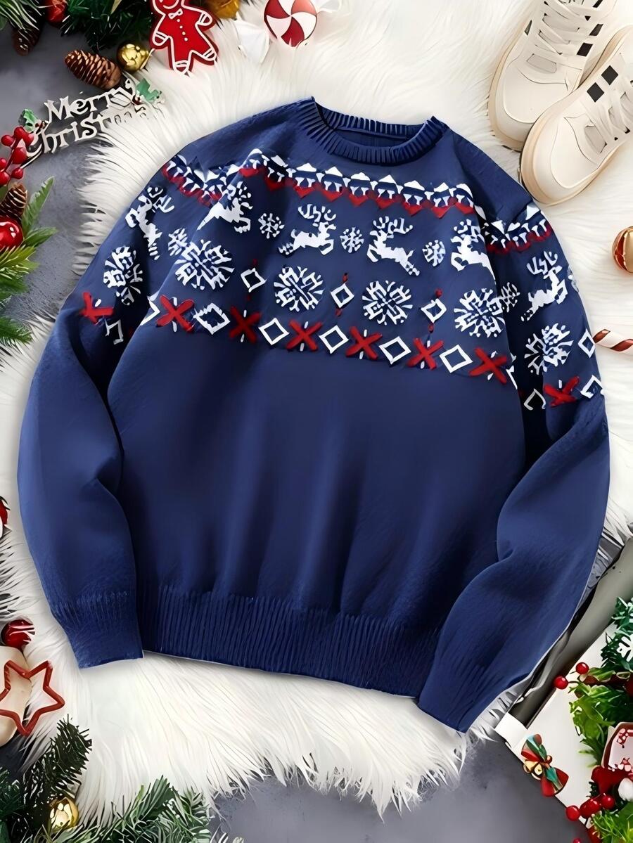 Manfinity CasualKnits 男士聖誕新年提花百搭長袖毛衣 - 藏蓝色 - 查看 1