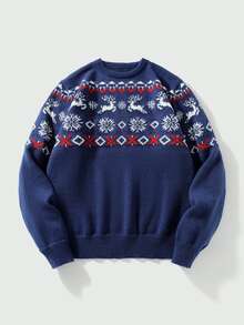 Manfinity CasualKnits 男士聖誕新年提花百搭長袖毛衣 - 藏蓝色 - 查看 3