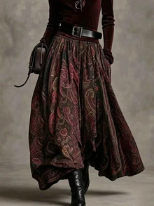 Glimmora Women's Autumn/Winter Fashion Paisley Flower Print Oversized Flare Elastic Waist Pocket Skirt - Multicolor - View 3