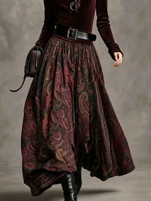 Glimmora Women's Autumn/Winter Fashion Paisley Flower Print Oversized Flare Elastic Waist Pocket Skirt - Multicolor - View 1