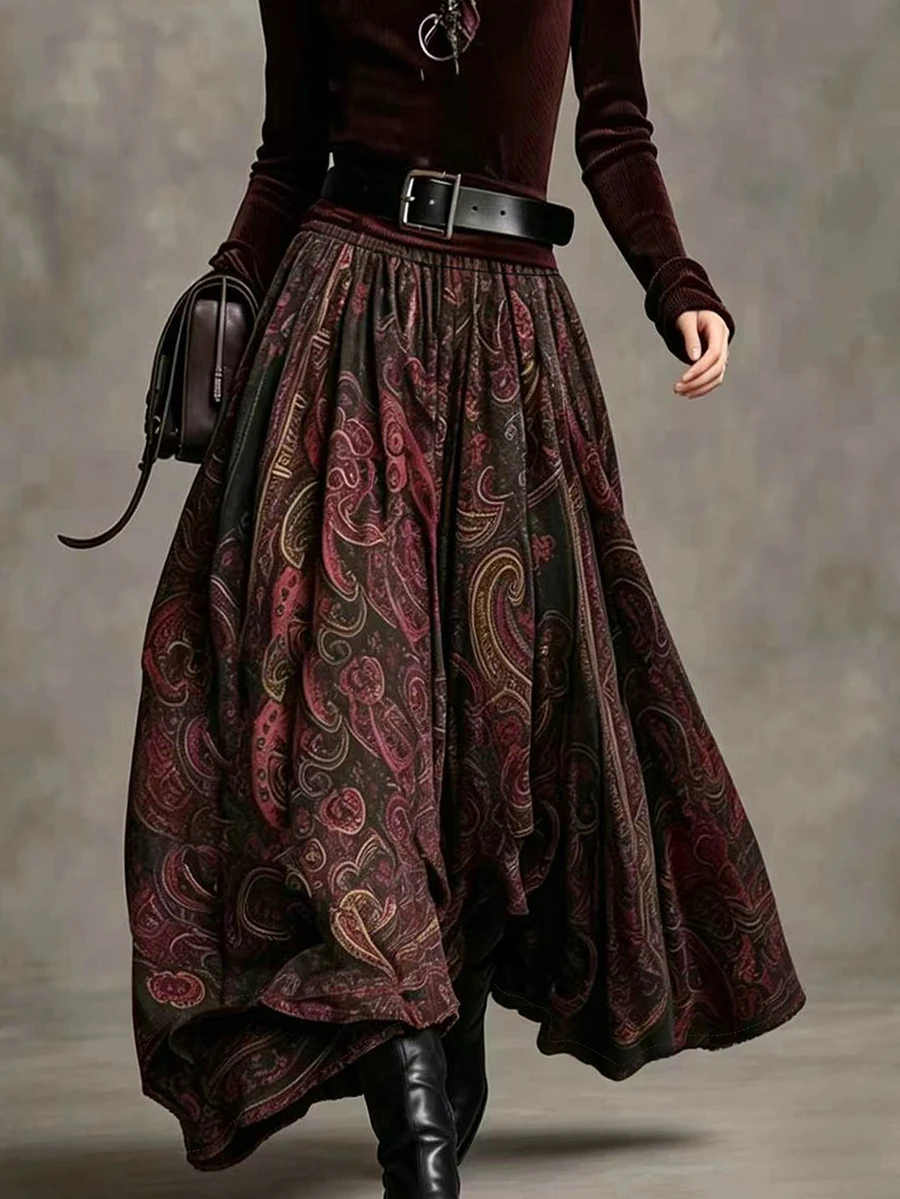 Glimmora Women's Autumn/Winter Fashion Paisley Flower Print Oversized Flare Elastic Waist Pocket Skirt - Multicolor - View 1