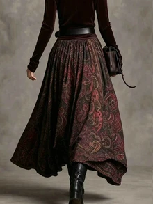 Glimmora Women's Autumn/Winter Fashion Paisley Flower Print Oversized Flare Elastic Waist Pocket Skirt - Multicolor - View 2
