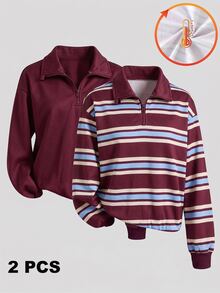SHEIN Tween Girls Burgundy Fleece Striped & Solid Color 1/4 Zip Polo Sweatshirt 2pcs Set, Retro Casual, Autumn/Winter - Burgundy - View 3