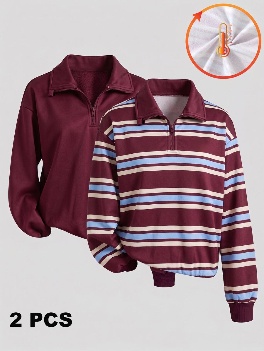 SHEIN Tween Girls Burgundy Fleece Striped & Solid Color 1/4 Zip Polo Sweatshirt 2pcs Set, Retro Casual, Autumn/Winter - Burgundy - View 1