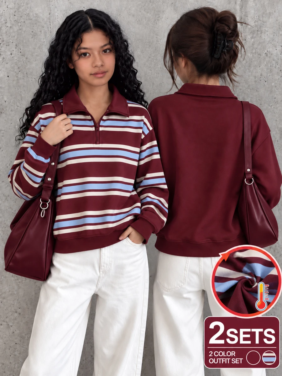 SHEIN Tween Girls Burgundy Fleece Striped & Solid Color 1/4 Zip Polo Sweatshirt 2pcs Set, Retro Casual, Autumn/Winter - Burgundy - View 1