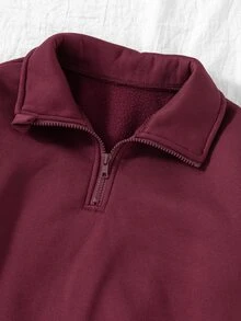SHEIN Tween Girls Burgundy Fleece Striped & Solid Color 1/4 Zip Polo Sweatshirt 2pcs Set, Retro Casual, Autumn/Winter - Burgundy - View 5