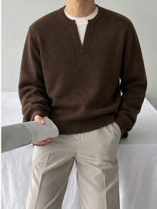 Manfinity CasualKnits كنزة رجالية 2 في 1 بأكمام طويلة كاجوال متعددة الاستخدامات، بني - بني - مشاهدة 1