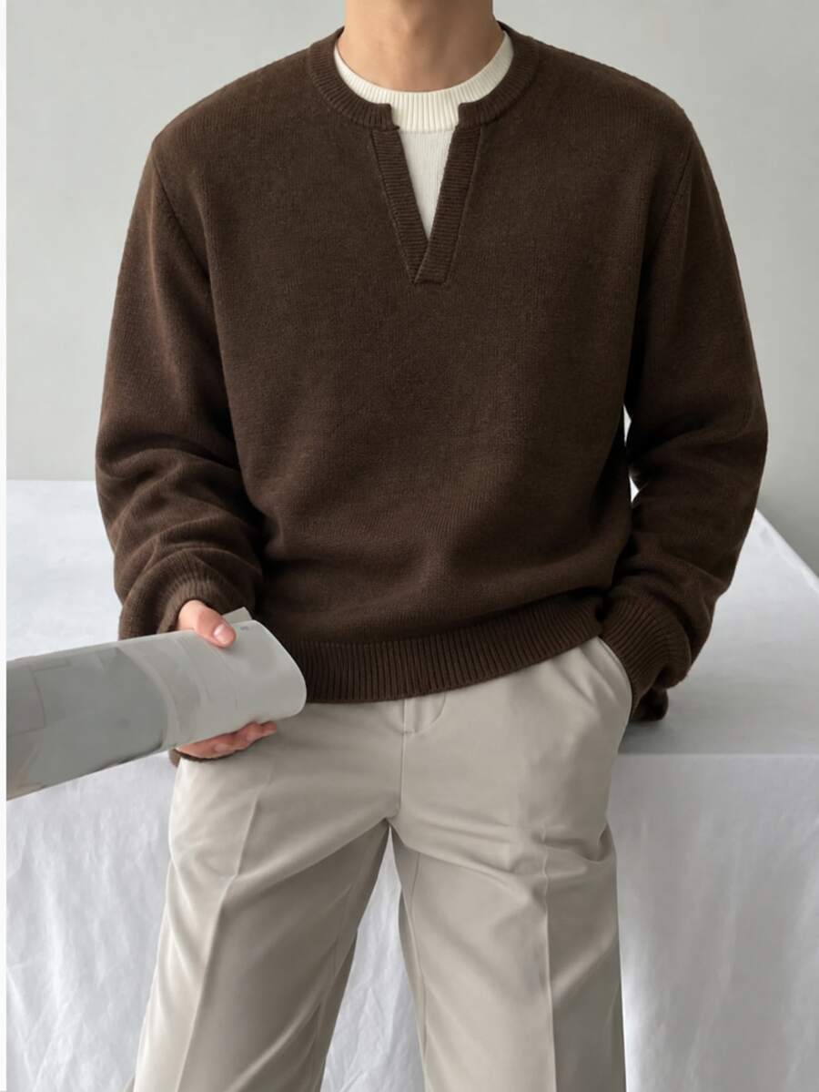 Manfinity CasualKnits كنزة رجالية 2 في 1 بأكمام طويلة كاجوال متعددة الاستخدامات، بني - بني - مشاهدة 1