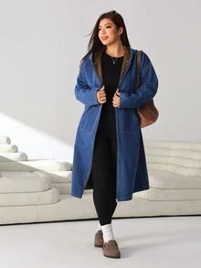 Solflare Plus Size Women's Autumn/Winter Blue Denim Fabric Brown Fleece Long Sleeve Pocketed Denim Jacket - Blue - View 5