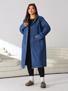 Solflare Plus Size Women's Autumn/Winter Blue Denim Fabric Brown Fleece Long Sleeve Pocketed Denim Jacket - Blue - View 4