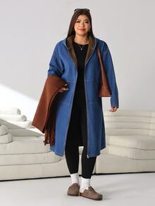 Solflare Plus Size Women's Autumn/Winter Blue Denim Fabric Brown Fleece Long Sleeve Pocketed Denim Jacket - Blue - View 2