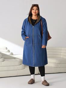Solflare Plus Size Women's Autumn/Winter Blue Denim Fabric Brown Fleece Long Sleeve Pocketed Denim Jacket - Blue - View 6