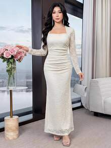 Feyla 都市优雅白色蕾丝修身连衣裙，女士长款晚礼服 - 白色 - 查看 2