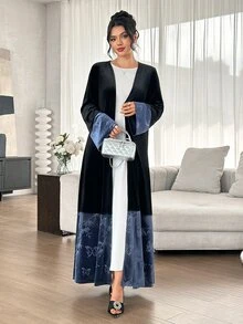 Yasmyna Black Blue Velvet Patchwork Bamboo Leaf Print Long Sleeve Long Length Modest Elegant Christening Guest Ninang Wedding Women's Abaya Fall - Black - View 3