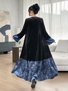 Yasmyna Black Blue Velvet Patchwork Bamboo Leaf Print Long Sleeve Long Length Modest Elegant Christening Guest Ninang Wedding Women's Abaya Fall - Black - View 2