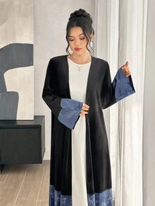 Yasmyna Black Blue Velvet Patchwork Bamboo Leaf Print Long Sleeve Long Length Modest Elegant Christening Guest Ninang Wedding Women's Abaya Fall - Black - View 5