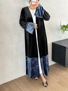 Yasmyna Black Blue Velvet Patchwork Bamboo Leaf Print Long Sleeve Long Length Modest Elegant Christening Guest Ninang Wedding Women's Abaya Fall - Black - View 7