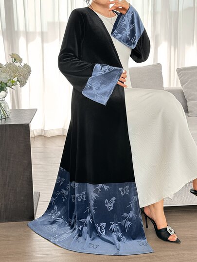 Yasmyna Black & Blue Contrast Velvet Patchwork Premium Bamboo Leaf Print Long Sleeve Long Length Casual Date Commute Women's Abaya