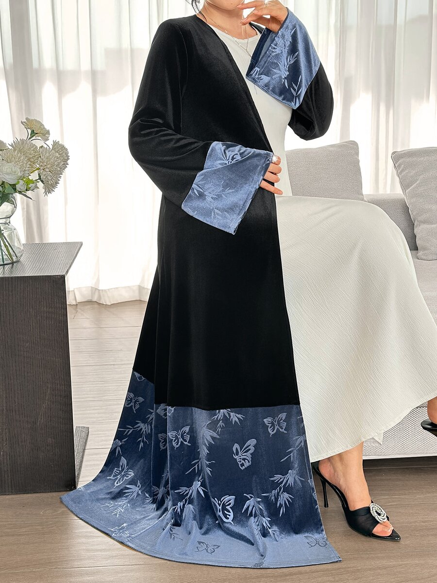 Yasmyna Black Blue Velvet Patchwork Bamboo Leaf Print Long Sleeve Long Length Modest Elegant Christening Guest Ninang Wedding Women's Abaya Fall - Black - View 1