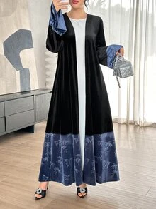 Yasmyna Black Blue Velvet Patchwork Bamboo Leaf Print Long Sleeve Long Length Modest Elegant Christening Guest Ninang Wedding Women's Abaya Fall - Black - View 4