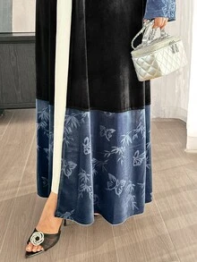 Yasmyna Black Blue Velvet Patchwork Bamboo Leaf Print Long Sleeve Long Length Modest Elegant Christening Guest Ninang Wedding Women's Abaya Fall - Black - View 6