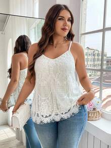 Reflora Plus Size Women Floral Lace Loose Elegant Camisole Spring/Summer Top For Women - White - View 5