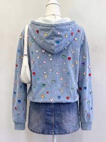 Girls' Light Blue Heart Pattern Zip-Up Hooded Fleece Lined Sweatshirt Jacket, Thickened Loose Casual Cute Top For Elementary School Students, Autumn - Multicolor - View 2